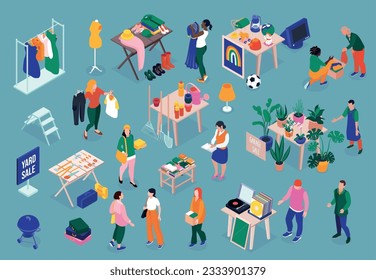 Garage sale big set of goods customers and sellers isolated on color background 3d vector illustration