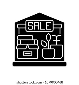 Garage sale black glyph icon. Local flea market. Selling second hand and used goods at low price. Street sale silhouette symbol on white space. Junk shop with cheap items. Vector isolated illustration