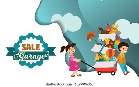 Garage Sale, Boy and girl bought toys at spring sale, children carry cart with boxes used toy, kids sell old used toys, second hand plaything vector illustration