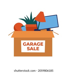 Garage Sale. Cardboard box with unwanted items for a weekend sale. Monitor, lamp, flower, mug for sale and exchange. Vector flat illustration, cartoon style.