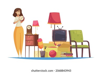 Garage sale composition with doodle style character of woman with clock and pieces of vintage furniture vector illustration