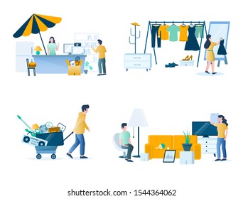 Garage sale composition set, vector isolated illustration. Yard sale of used clothing, sport and household items such as home appliances, books, toys, furniture with characters for website page etc.