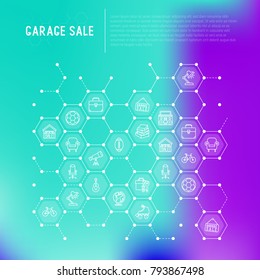 Garage sale concept in honeycombs with thin line icons: signboard, globe, telescope, guitar, rollers, armchair, toolbox, soccer ball. Modern vector illustration for banner, print media, web page.
