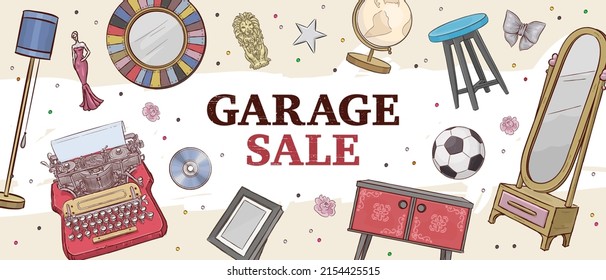 Garage sale concept illustration. Garage promotional sale horizontal banner with hand drawn furniture and vintage typewriter