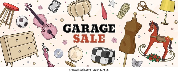 Garage sale concept illustration. Garage promotional sale horizontal banner with hand drawn furniture, cello and mannequin