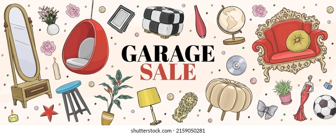 Garage sale concept illustration. Garage promotional sale horizontal banner with hand drawn furniture, lamp, vase, candle, flowers