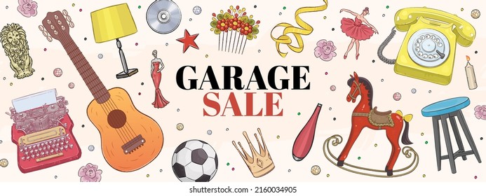 Garage sale concept illustration. Garage promotional sale horizontal banner with hand drawn vintage telephone, lamp, guitar