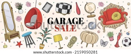 Garage sale concept illustration. Garage promotional sale horizontal banner with hand drawn furniture, lamp, vase, candle, flowers