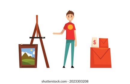 Garage Sale Concept, Man Selling Old Unnecessary Things at Flea Market Cartoon Vector Illustration