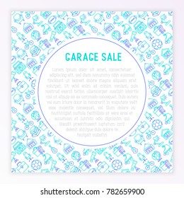 Garage sale concept with thin line icons: signboard, globe, telescope, guitar, rollers, armchair, toolbox, soccer ball. Modern vector illustration for banner, print media, web page.