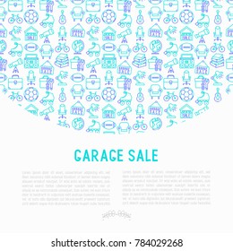 Garage sale concept with thin line icons: signboard, globe, telescope,guitar, rollers, armchair, toolbox, soccer ball. Modern vector illustration for banner, print media, web page.