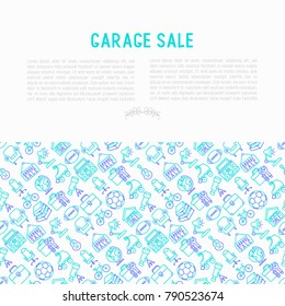 Garage sale concept with thin line icons: signboard, globe, telescope,guitar, rollers, armchair, toolbox, soccer ball. Modern vector illustration for banner, print media, web page.