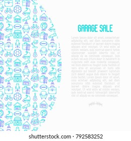 Garage sale concept with thin line icons: signboard, globe, telescope,guitar, rollers, armchair, toolbox, soccer ball. Modern vector illustration for banner, print media, web page.