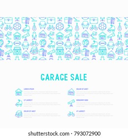 Garage sale concept with thin line icons: signboard, globe, telescope,guitar, rollers, armchair, toolbox, soccer ball. Modern vector illustration for banner, print media, web page.