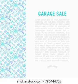 Garage sale concept with thin line icons: signboard, globe, telescope,guitar, rollers, armchair, toolbox, soccer ball. Modern vector illustration for banner, print media, web page.