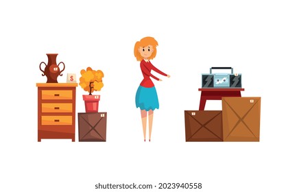 Garage Sale Concept, Woman Selling or Buying Old Vintage Goods at Flea Market Cartoon Vector Illustration