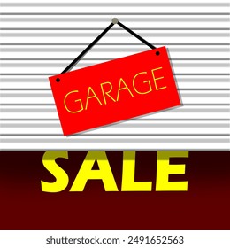 Garage Sale Day event banner. A sign hanging on an open garage door on dark red background to celebrate on August