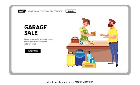 Garage Sale Event Customer Buying Goods Vector. Woman Seller Garage Sale Business Occupation, Man Choosing And Buy Wallet Accessory. Characters Backyard Market Web Flat Cartoon Illustration