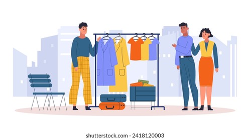 Garage sale event, flea market and city rag fair. Vector of old shop, business clothes retro, character sell on yard, promotion and advertisement illustration