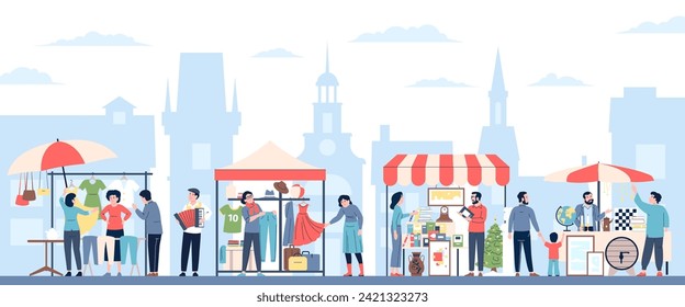 Garage sale event. Urban outdoor flea market. People sell used different things, furniture and home accessories. Seller and customer, recent vector scene