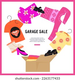 Garage sale or flea market banner or poster design with assorted clothes and footwear, flat vector illustration on white. Template of banner or card, flyer to advertise second hand garage sales.