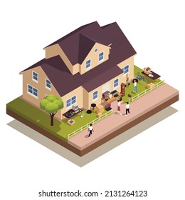 Garage sale and flea market composition with isometric house and people shopping outdoors vector illustration