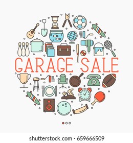 Garage Sale Or Flea Market Concept In Circle With Text Inside. Thin Line Vector Illustration.