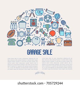 Garage sale or flea market concept in half circle with place for text. Thin line vector illustration for banner, web page, print media.