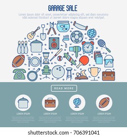 Garage sale or flea market concept in half circle with place for text. Thin line vector illustration for banner, web page, print media.