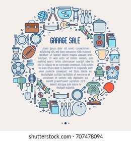 Garage sale or flea market concept in circle with place for text. Thin line vector illustration for banner, web page, print media.