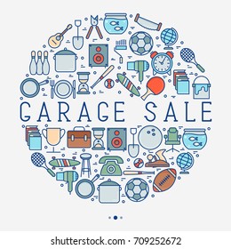 Garage sale or flea market concept in circle with place for text. Thin line vector illustration for banner, web page, print media.