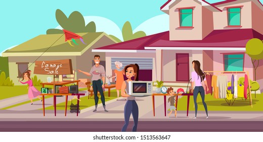 Garage sale, flea market flat vector illustration. Happy vendor and customers, neighbours cartoon characters. Man selling old used goods and clothes, young woman bought microwave. Street sellout