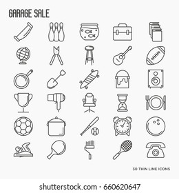 Garage Sale Or Flea Market Related Icons: Old Books, Furniture, Balls, House Ware. Thin Line Vector Illustration.