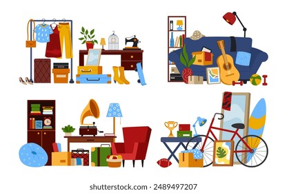 Garage sale. Flea market. Secondhand shop. Household things. Used furniture. Old junk. Charity storage sells clothes. Stuff box. Shopping bazaar. Retro merchandise. Vector cartoon tidy concepts set