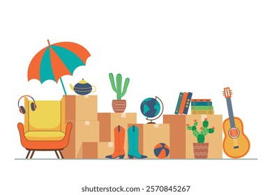 Garage sale, flea market - vector banner, background. Items located on the floor: cardboard boxes, books, guitar, chair, umbrella, globe, boots, indoor plants, ball and others. Flat vector illustratio