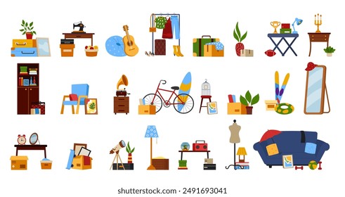 Garage sale. Flea market. Woman shopping. Secondhand shop. Used furniture. Old clothes marketplace. Street bazaar. People buy household things. Stuff boxes selling. Festival store. Vector tidy set