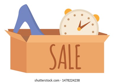 Garage sale, goods in cardboard case, high heel shoe and clock things in box. Shopping objects, accessory secondhand, footwear and watch, store vector. Event for sale used goods. Flat cartoon