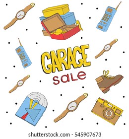 Garage sale hand drawn seamless pattern. Camera, gadget, phone,