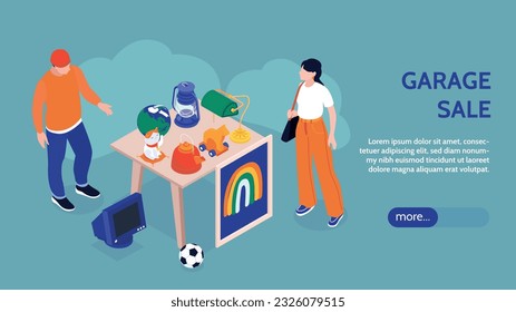 Garage sale horizontal website banner with people choosing various goods in yard isometric vector illustration