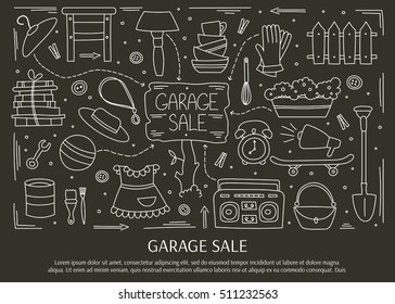Garage sale, household used goods. Hand drawn line elements. Vector horizontal banner template. Doodle background. For banners and posters, cards, brochures, invitations, website designs.