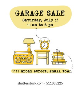 Garage sale, household used goods. Vector square banner template. For posters, cards, brochures and invitations, flyers and website designs. Hand drawn thin line elements.