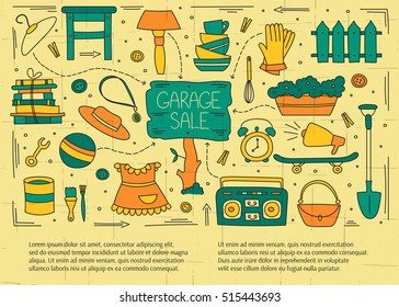 Garage sale, household used goods. Hand drawn line elements. Vector horizontal banner template. Doodle background. For banners and posters, cards, brochures, invitations, website designs.