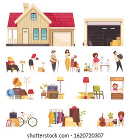 Garage Sale Icons Set With Clothes And Furniture Flat Isolated Vector Illustration