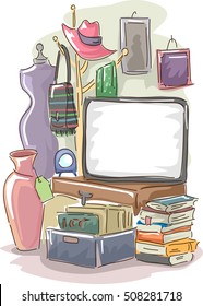 Garage Sale Illustration Featuring a Large Blank Board Surrounded by Used Items for Sale