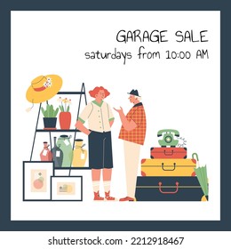 Garage sale invitation poster, flat vector illustration. People buying and selling home decor at flea market. Stands with vases, houseplants, suitcases and paintings.