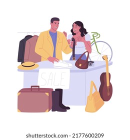 Garage sale isolated cartoon vector illustrations. Young couple selling goods together, garage sale personal income, small business, retail industry, used things at a discount vector cartoon.