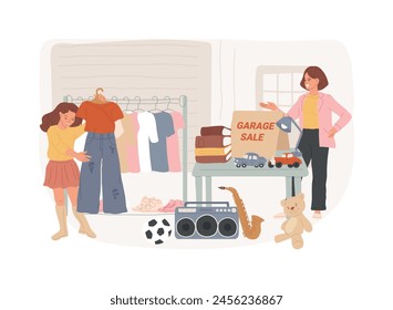 Garage sale isolated concept vector illustration. Flea market, second hand goods, garage selling day, vintage clothing give away, used inventory, yard pop up rummage sale vector concept.