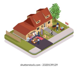 Garage sale isometric concept with second hand market in front of country house vector illustration