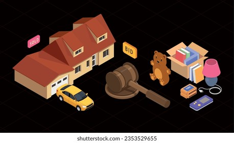 Garage sale isometric concept with vintage goods auction vector illustration