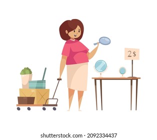 Garage sale items composition with character of female buyer choosing cheap mirrors vector illustration